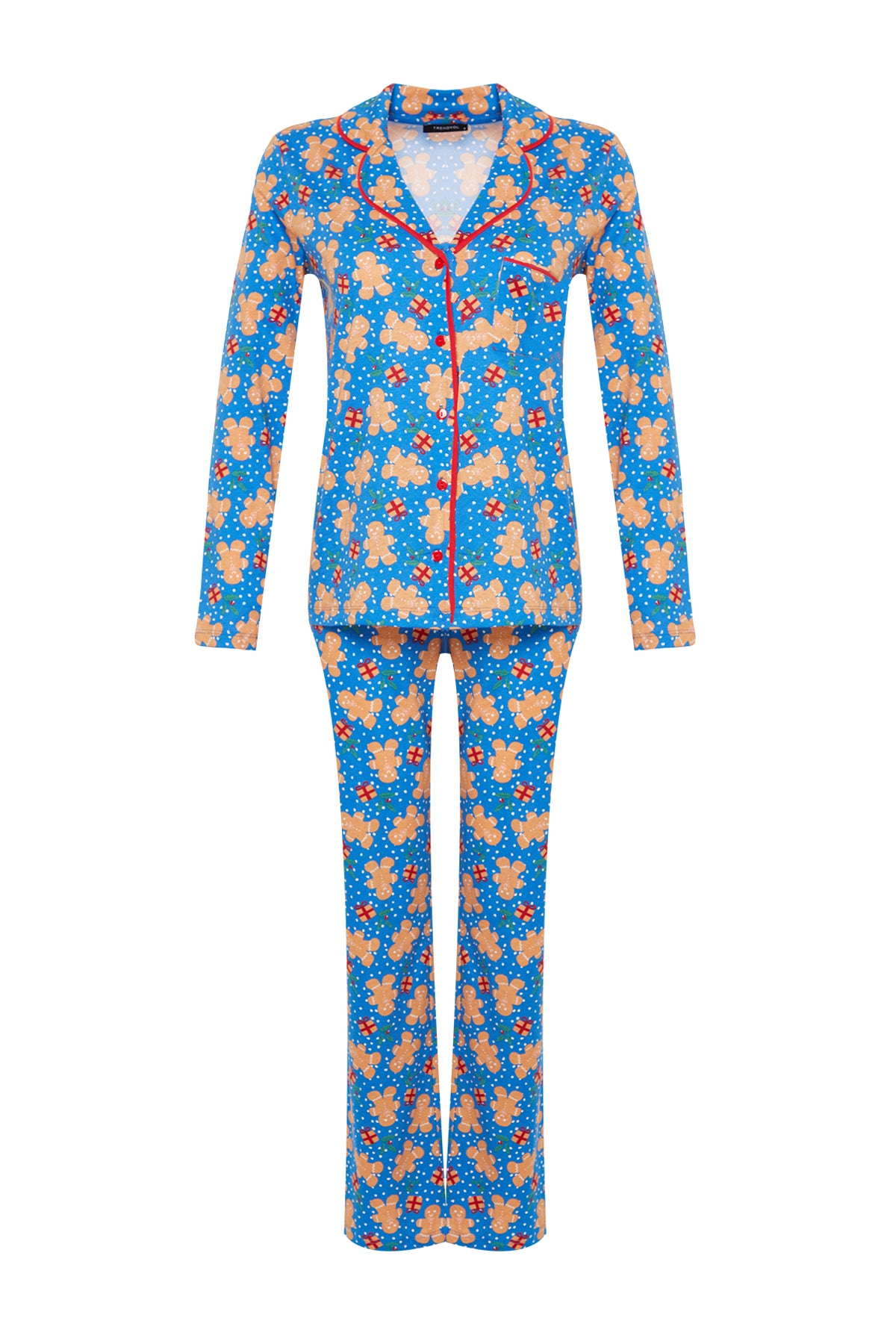 Trendyolmilla Mavi %100 Pamuklu Yılbaşı Temalı Örme Pijama Takımı THMAW22PT1204