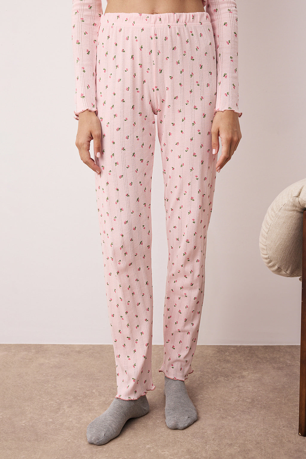 Trendyolmilla Bordo %100 Pamuklu Çiçekli Kurdele/Fiyonklu Fitilli/Pointel Örme Pijama Takımı THMAW26PT00070