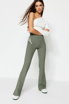 Trendyolmilla Antrasit Fitilli Flare/İspanyol Paça Yüksek Bel Esnek Örme Tayt Pantolon TWOSS23PL00135