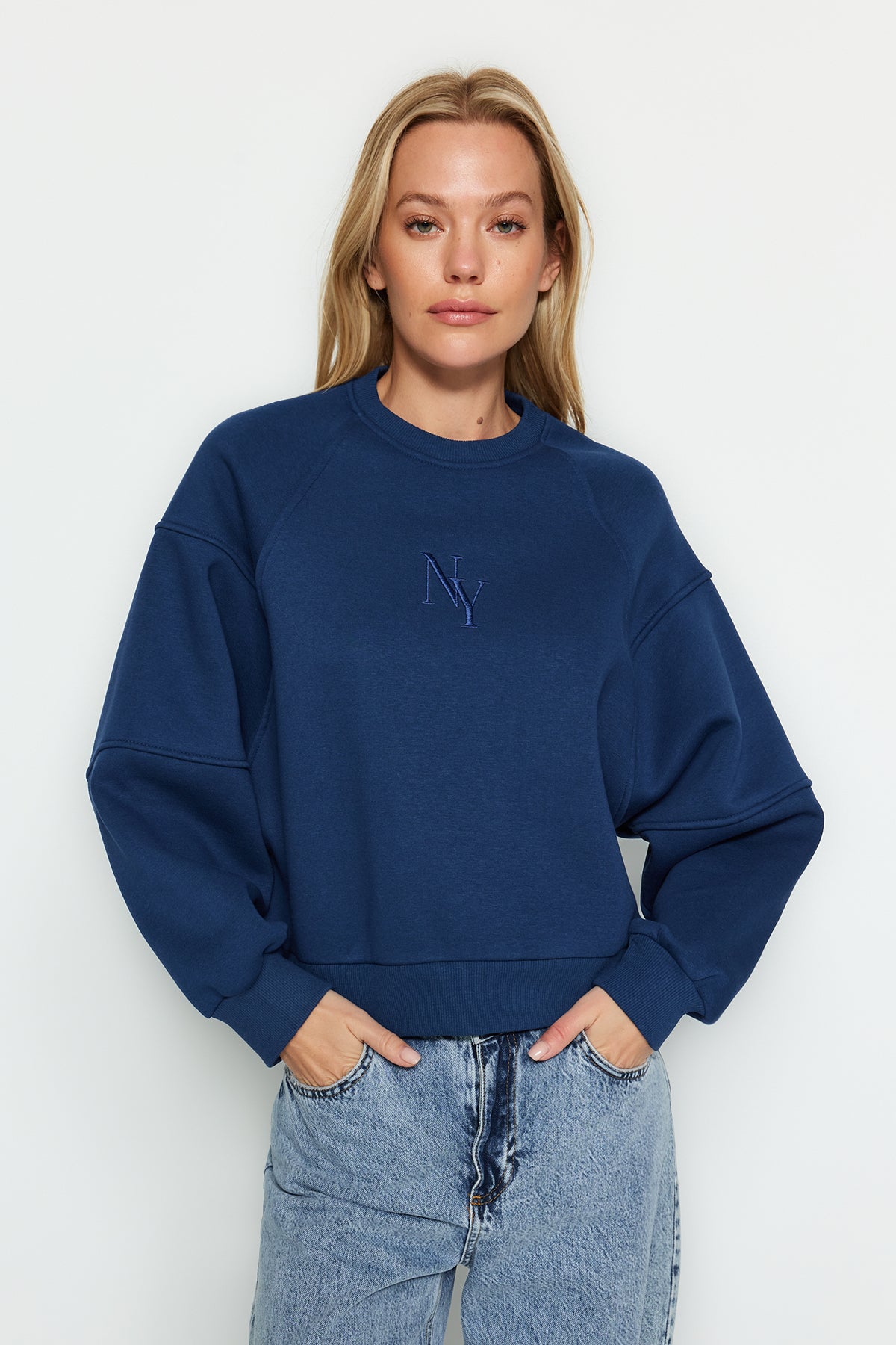 Trendyolmilla Taş Bisiklet Yaka Regular Fit Nakışlı Kalın İçi Polarlı Örme Sweatshirt TWOAW24SW00199