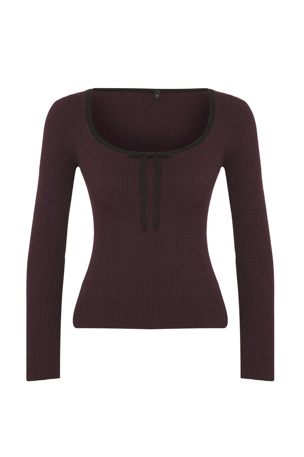 Trendyolmilla Bordo Merserize Görünümlü Premium İplik/Özel İplik Kurdele/Fiyonk Detaylı Triko Kazak TWOAW25KZ00207