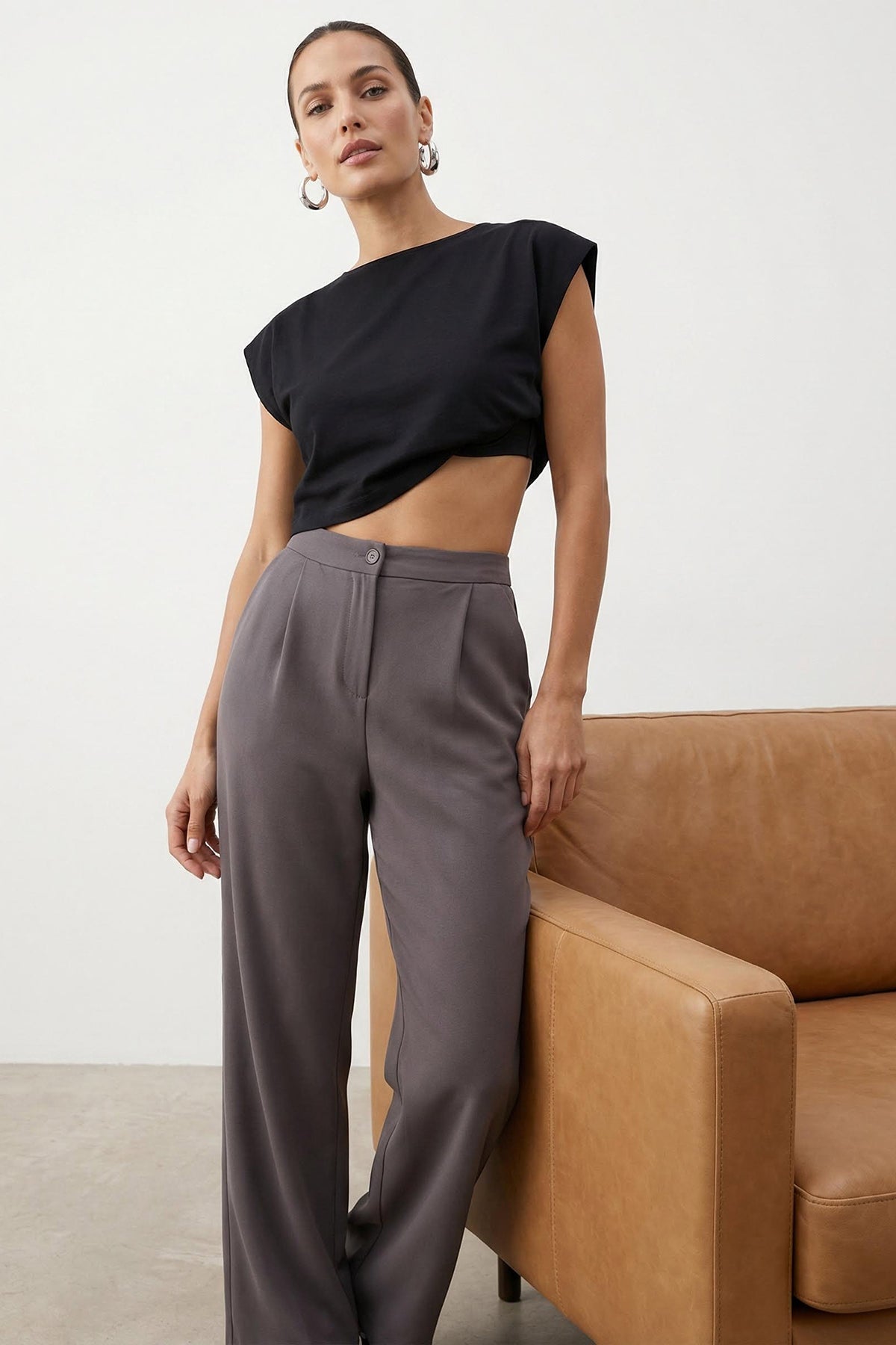 Trendyolmilla Antrasit Wide Leg/Geniş Paça Dokuma Kumaş Pantolon TWOAW22PL0139