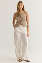 Trendyolmilla Bej Yumuşak Tuşeli Wide Leg/Geniş Paça Dokuma Pantolon TWOSS25PL00004