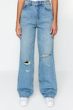 Mavi Soluk Ekfekt Vintage Yırtık Detaylı Düşük Bel Wide Leg Jeans TWOSS23JE00102