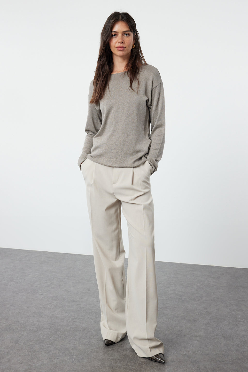 Vizon Pamuklu Kayık Yaka Transparan Görünümlü İnce Fitted/Vücudu Saran Triko Kazak TWOAW25KZ00080