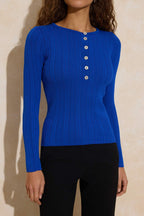 Trendyolmilla Wardrobe Essentials Saks Fitted/Vücuda Oturan Fitilli Triko Kazak TWOAW26KZ00083