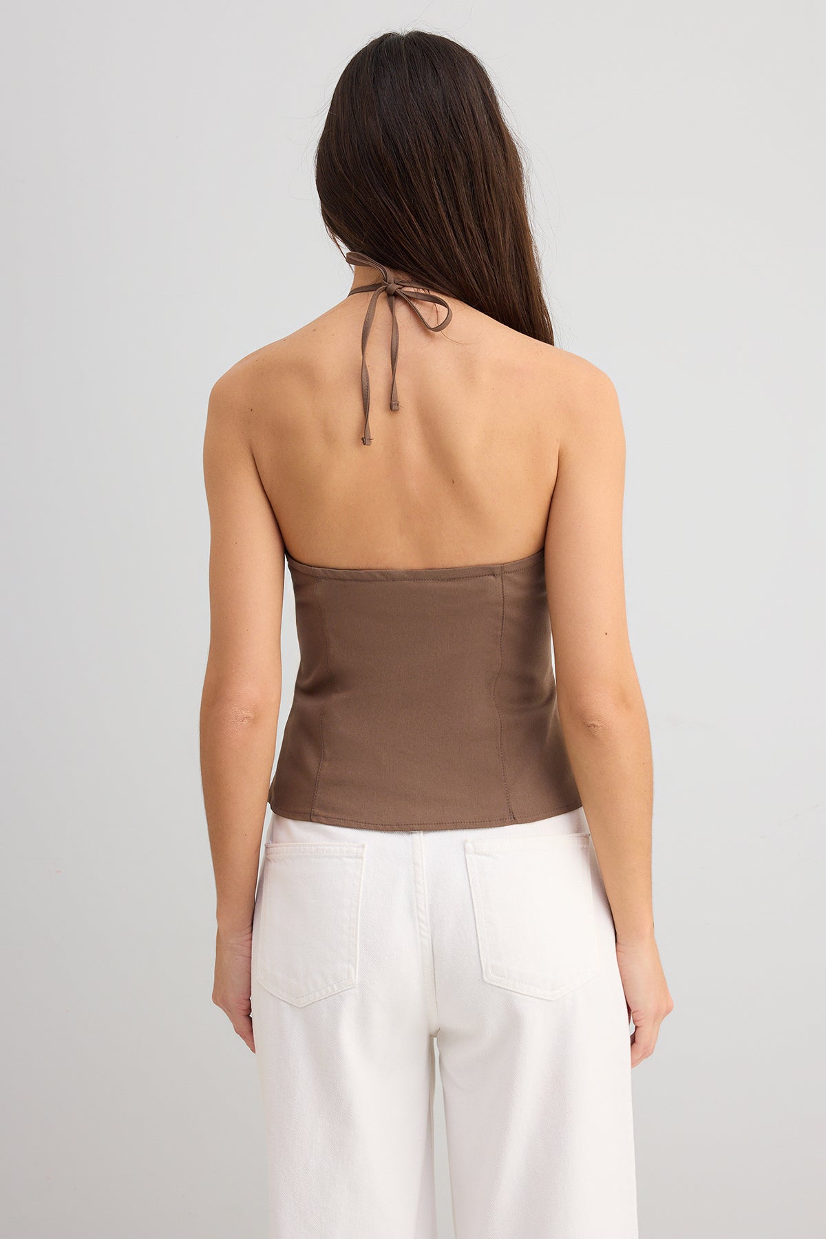 light brown cotton thin gabardine halter neck woven blouse