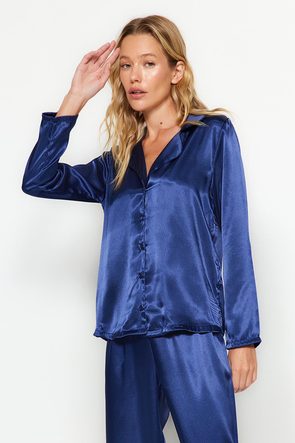 Lacivert Saten Gömlek-Pantolon Dokuma Pijama Takımı THMAW24PT00026