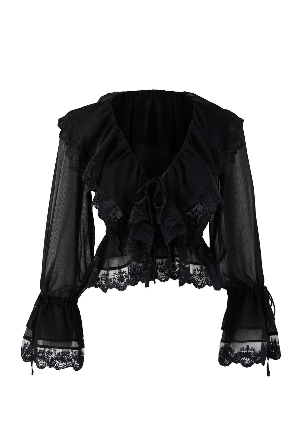 Trendyolmilla Siyah Dantel Detaylı Fırfırlı Dokuma Party Bluz TPRAW26BZ00015