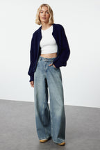 Trendyolmilla Indigo Geniş Kalıp Bomber Yaka Fermuarlı Triko Hırka TWOAW24HI00153