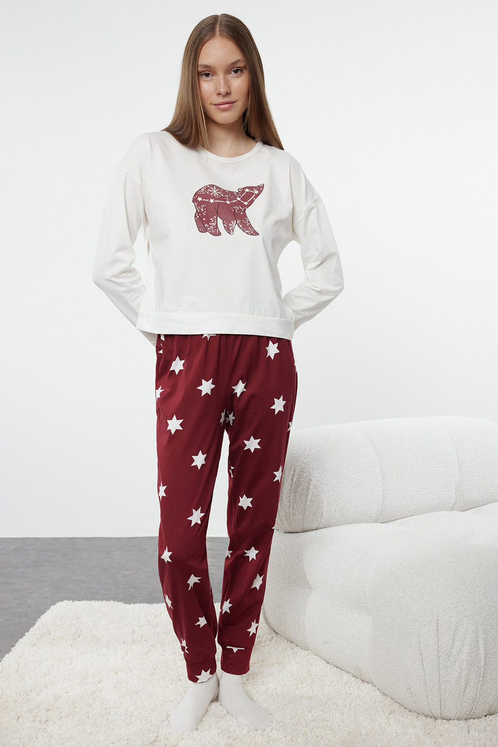 Trendyolmilla Beyaz %100 Pamuklu Yıldız Desenli Örme Pijama Takımı THMAW21PT0241