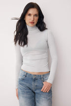 Trendyolmilla Gri Melanj Transparan Dik Yaka Esnek Normal Boy Örme Bluz TWOAW26BZ00266