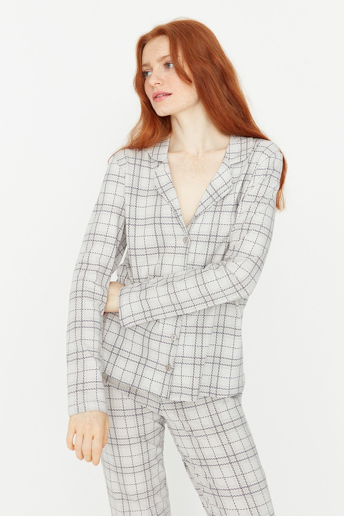 Trendyolmilla Bej %100 Pamuklu Ekoseli Örme Pijama Takımı THMAW20PT0266