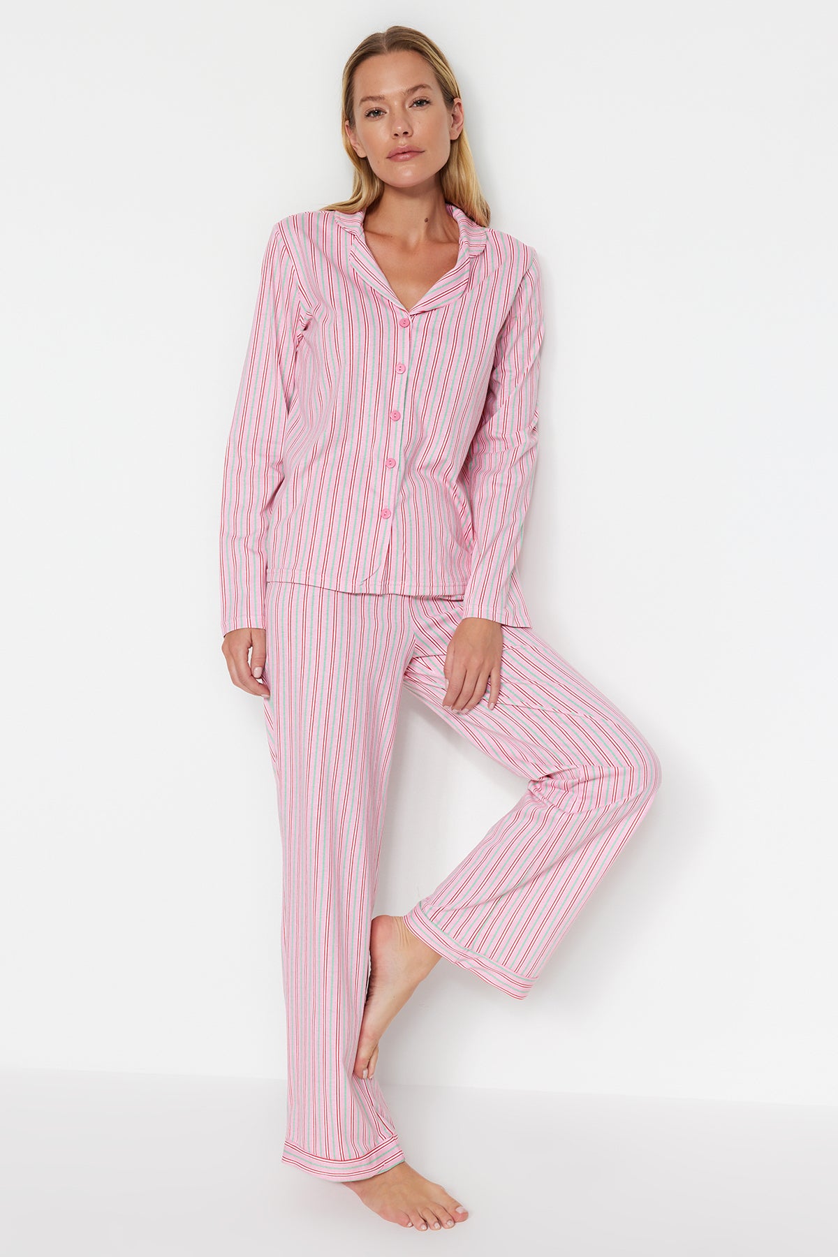 Trendyolmilla Pembe %100 Pamuklu Çizgili Gömlek-Pantolon Örme Pijama Takımı THMAW24PT00144 Main image