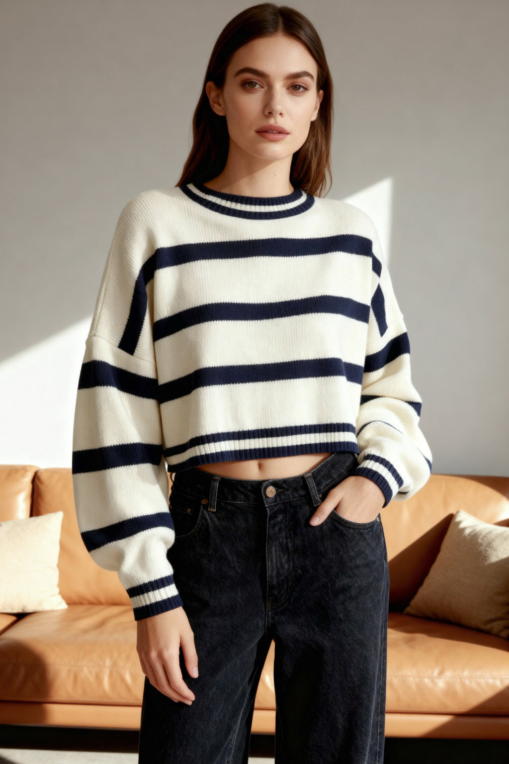 Trendyolmilla Lacivert Crop Çizgili Triko Kazak TWOAW23KZ00205