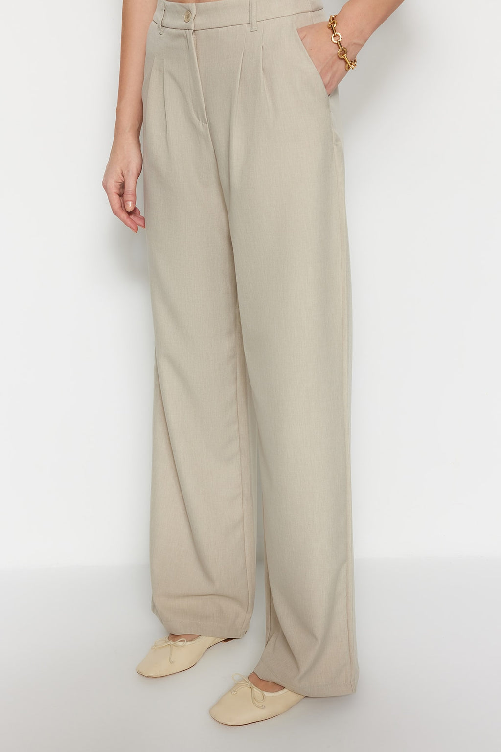 Trendyolmilla Vizon Wide Leg/Geniş Paça Pilili Dokuma Pantolon TWOAW22PL0475