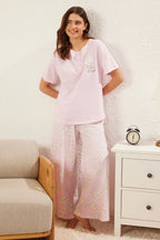 Trendyolmilla Lila %100 Pamuklu Çiçekli Düğmeli Örme Pijama Takımı THMSS25PT00179