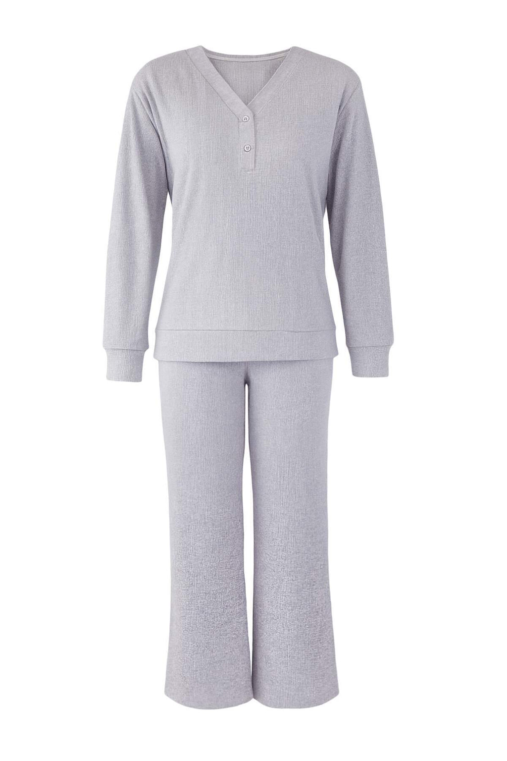 Gri Melanj Düğmeli Waffle Kumaş Örme Pijama Takımı THMAW26PT00000
