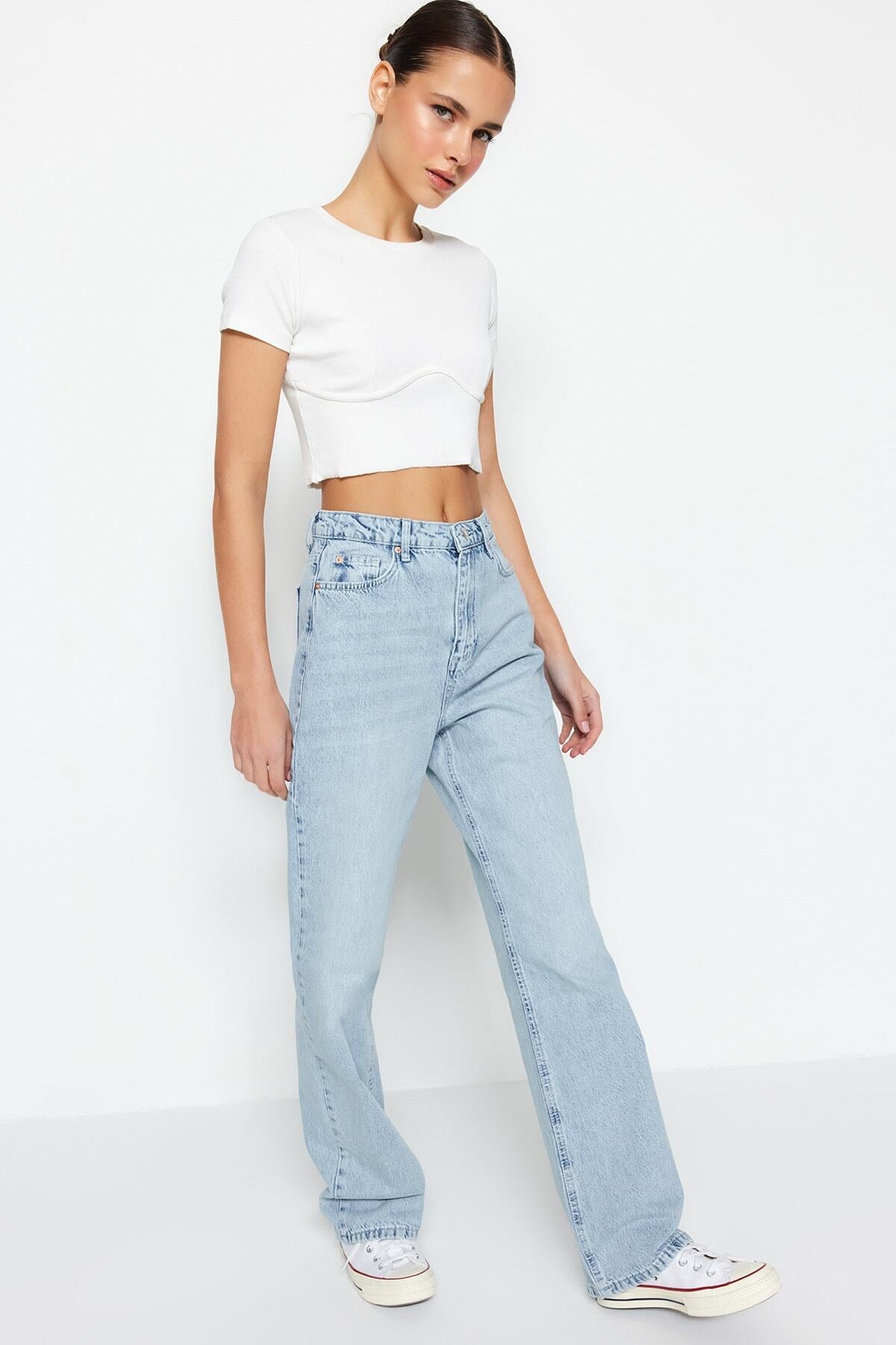 Trendyolmilla Lacivert Yüksek Bel Wide Leg Geniş Paça %100 Pamuk Non-Stretch Jeans TWOSS22JE0242