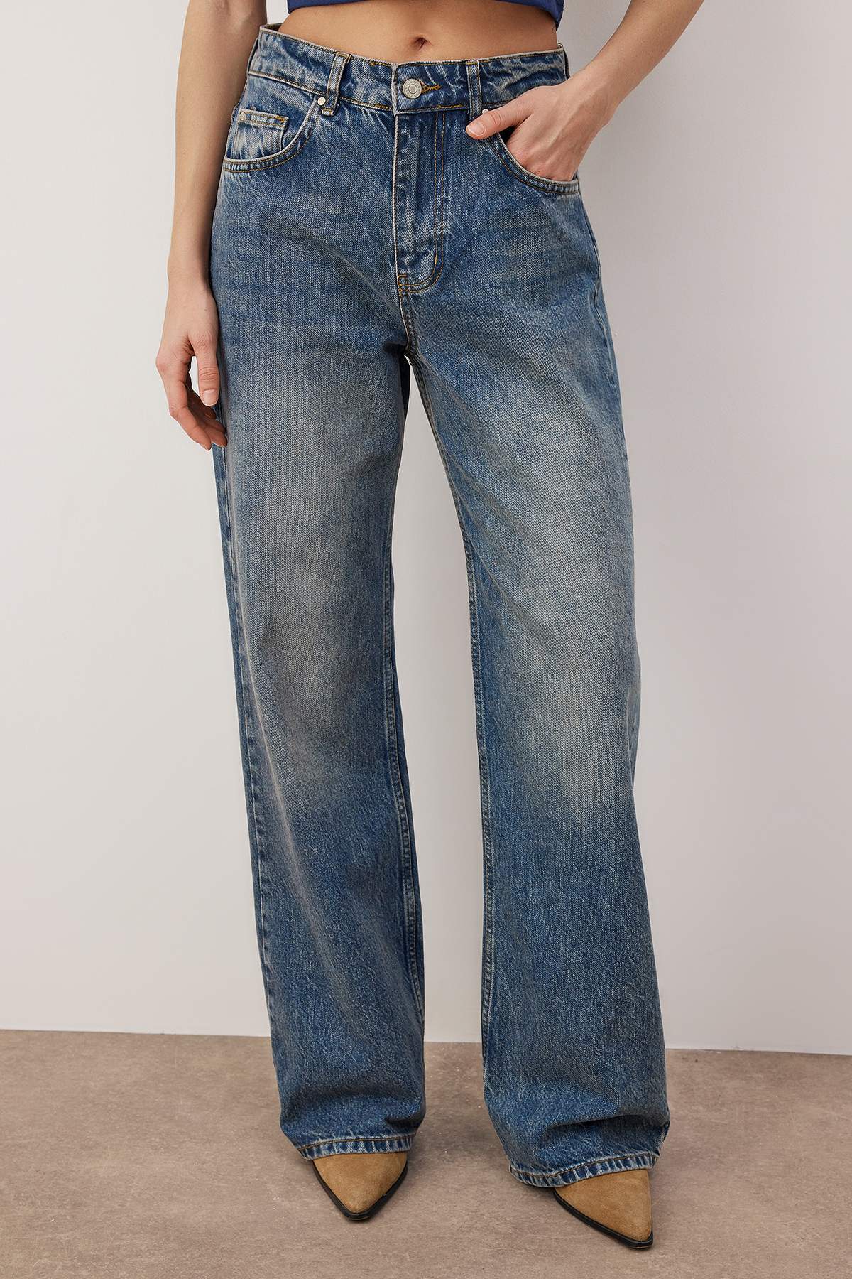 Trendyolmilla Mavi*002 Yüksek Bel Geniş Paça Wide Leg Smoke Jeans TWOAW24JE00075