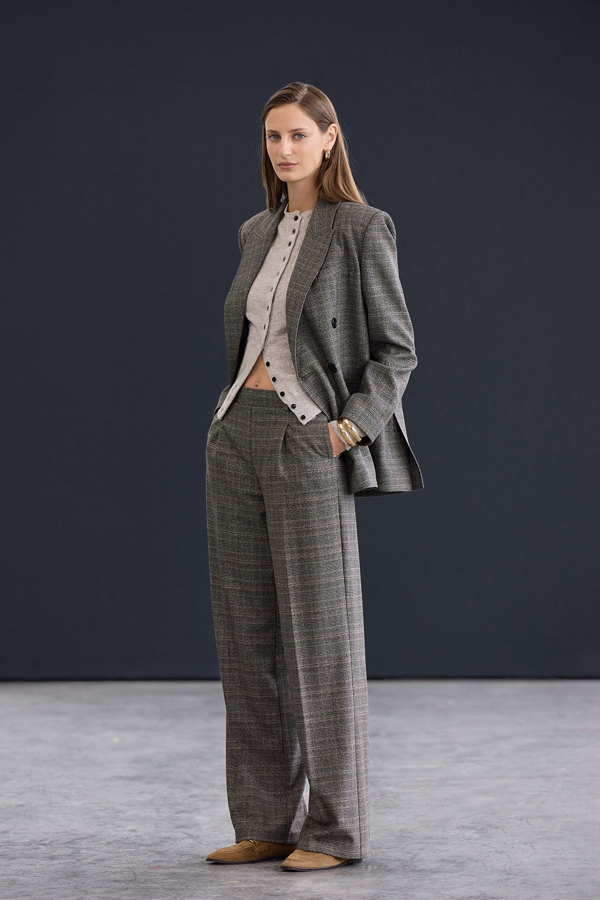 Trendyol Studio Kahverengi Ekoseli/Kareli Geniş Paça/Wideleg Dokuma Pantolon TWOAW26PL00129