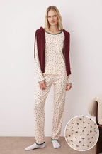 Ekru %100 Pamuklu Çiçekli Dantel Detaylı Fitilli/Pointel Örme Pijama Takımı THMAW26PT00207