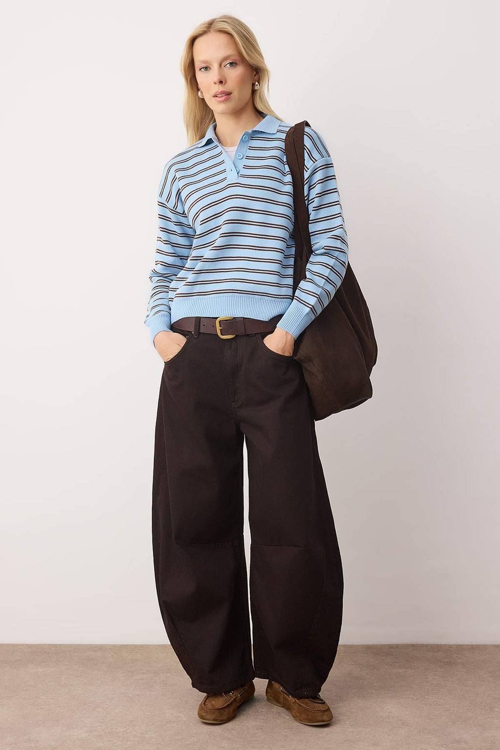 Trendyolmilla Açık Mavi Çizgili Polo Yaka Triko Kazak TWOAW22KZ0193