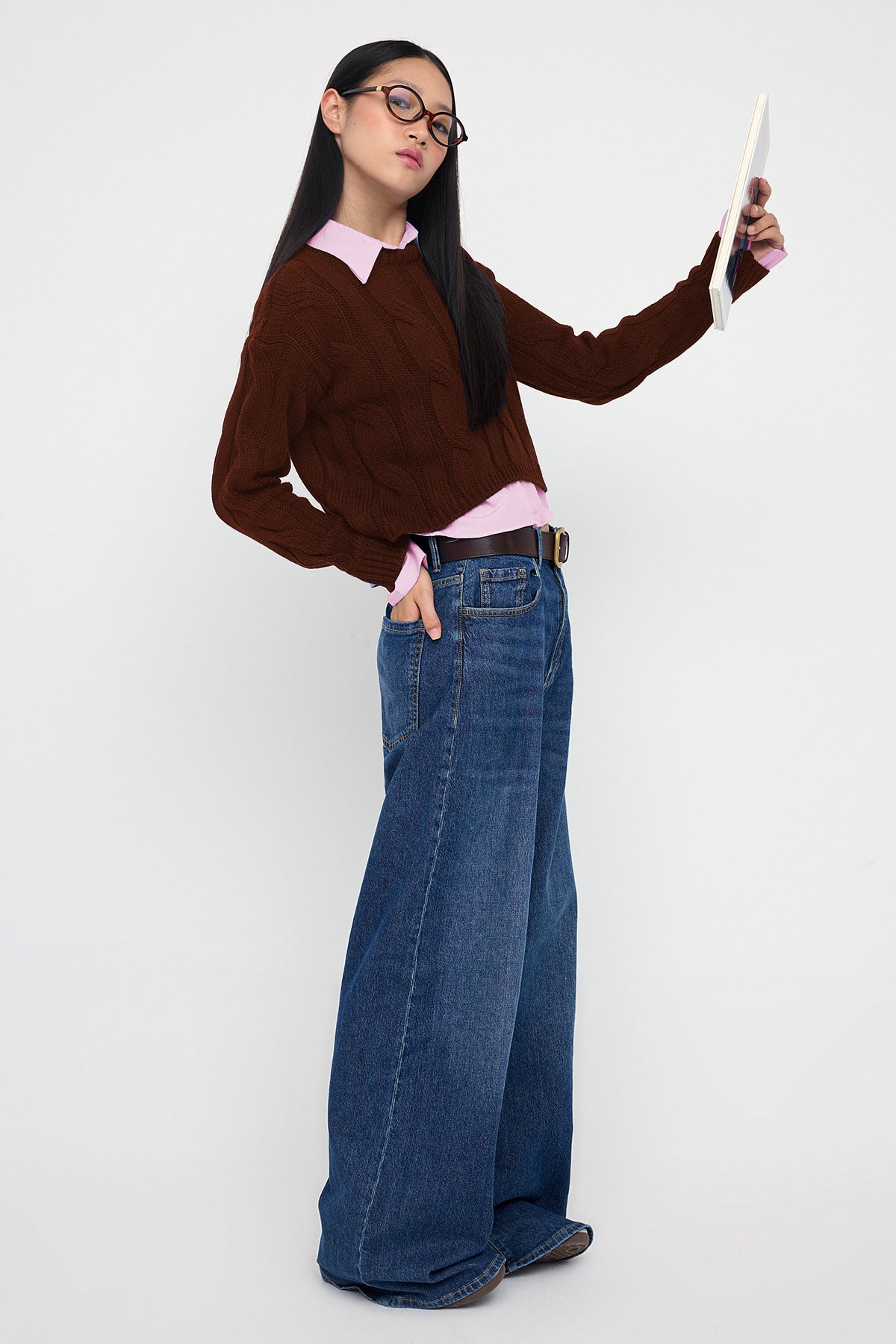 Trendyolmilla Teen Koyu Gri Gömlek Garnili Detaylı Crop Triko Kazak TWOAW26KZ00047