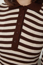 Kahverengi Polo Yaka Basic Çizgili Fitted/Vücudu Saran Triko Kazak TWOAW25KZ00349