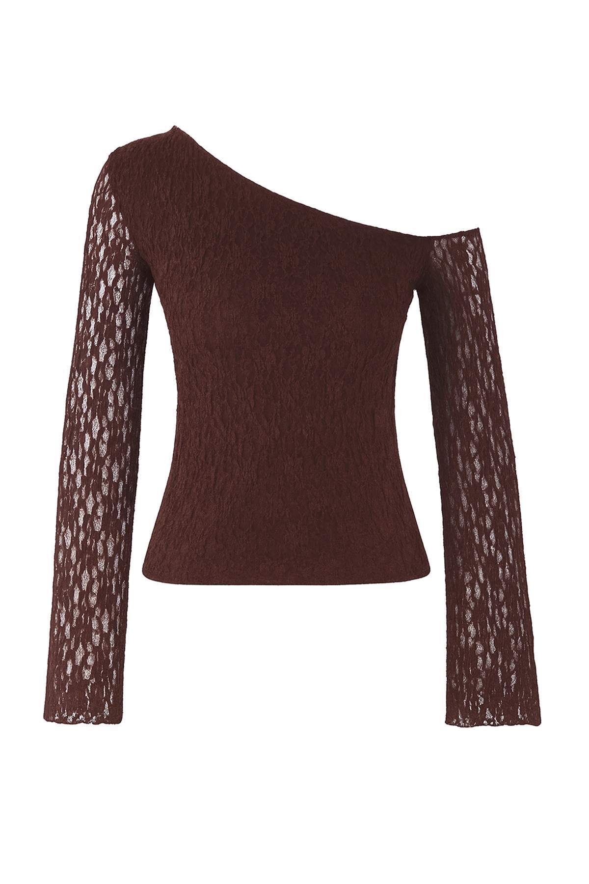 Trendyolmilla Ekru Dantel Asimetrik Yaka Fitted/Vücuda Oturan Örme Bluz TWOAW26BZ00036