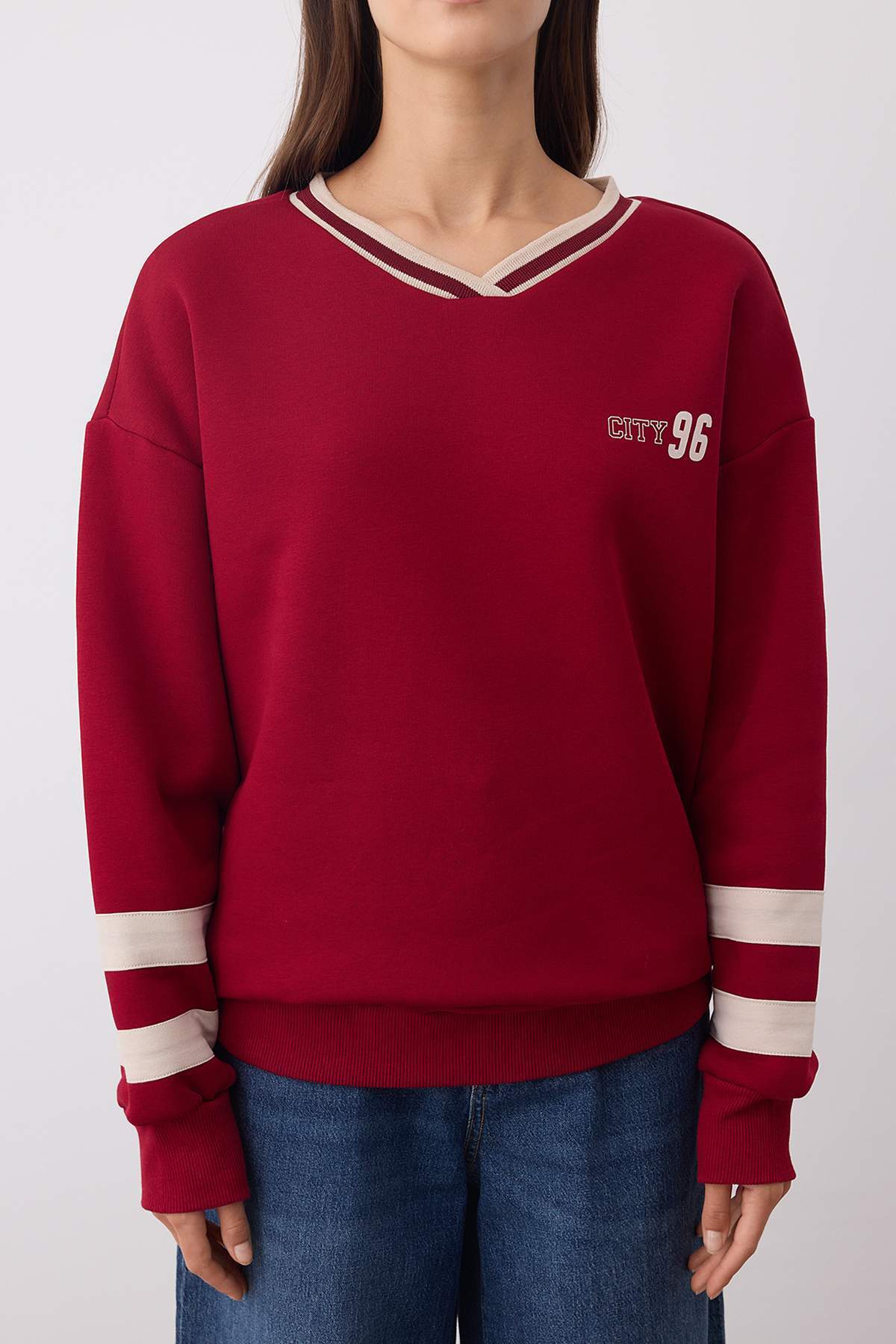 Teen Bordo Örme Slogan Renk Bloklu Oversize/Geniş Kalıp Sweatshirt TWOAW26SW00065