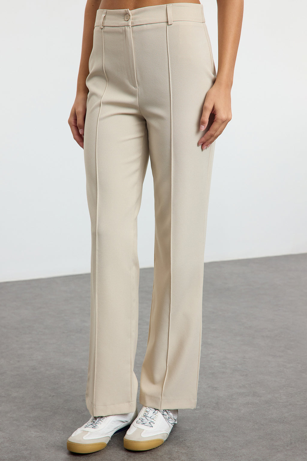 Trendyolmilla Vizon Straight/Düz Kesim Yüksek Bel Nervür Dikişli Dokuma Pantolon TWOSS21PL0093