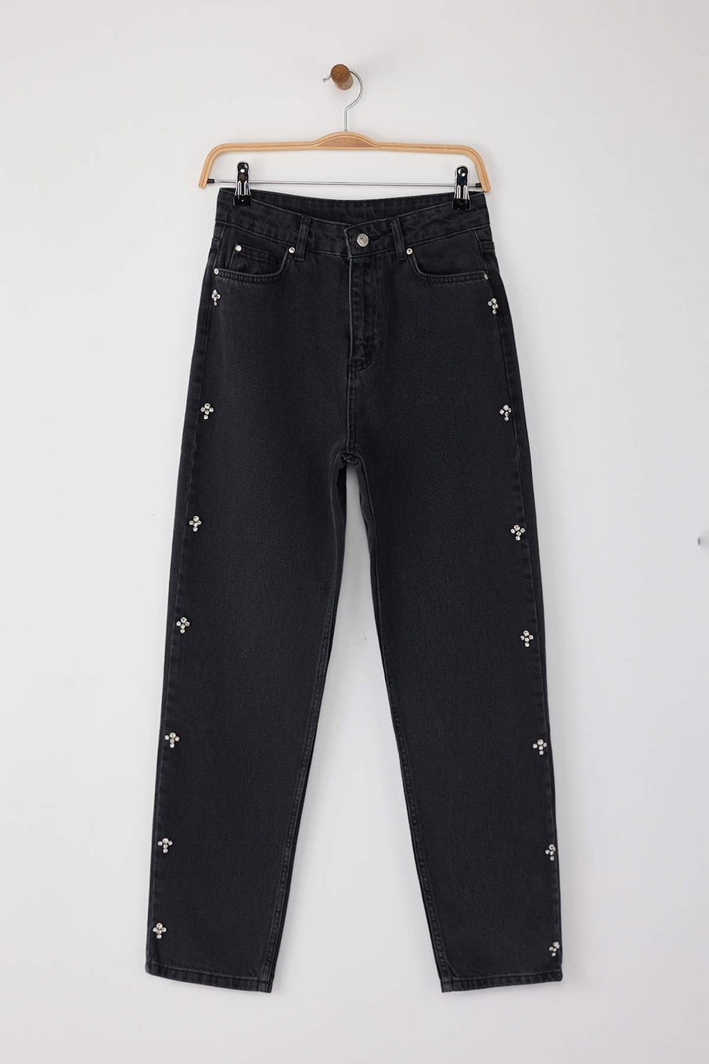Siyah Taşlı Yüksek Bel Mom %100 Pamuk Non-Stretch Jeans TWOAW25JE00255