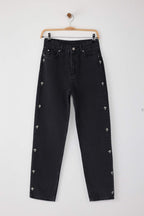 Siyah Taşlı Yüksek Bel Mom %100 Pamuk Non-Stretch Jeans TWOAW25JE00255