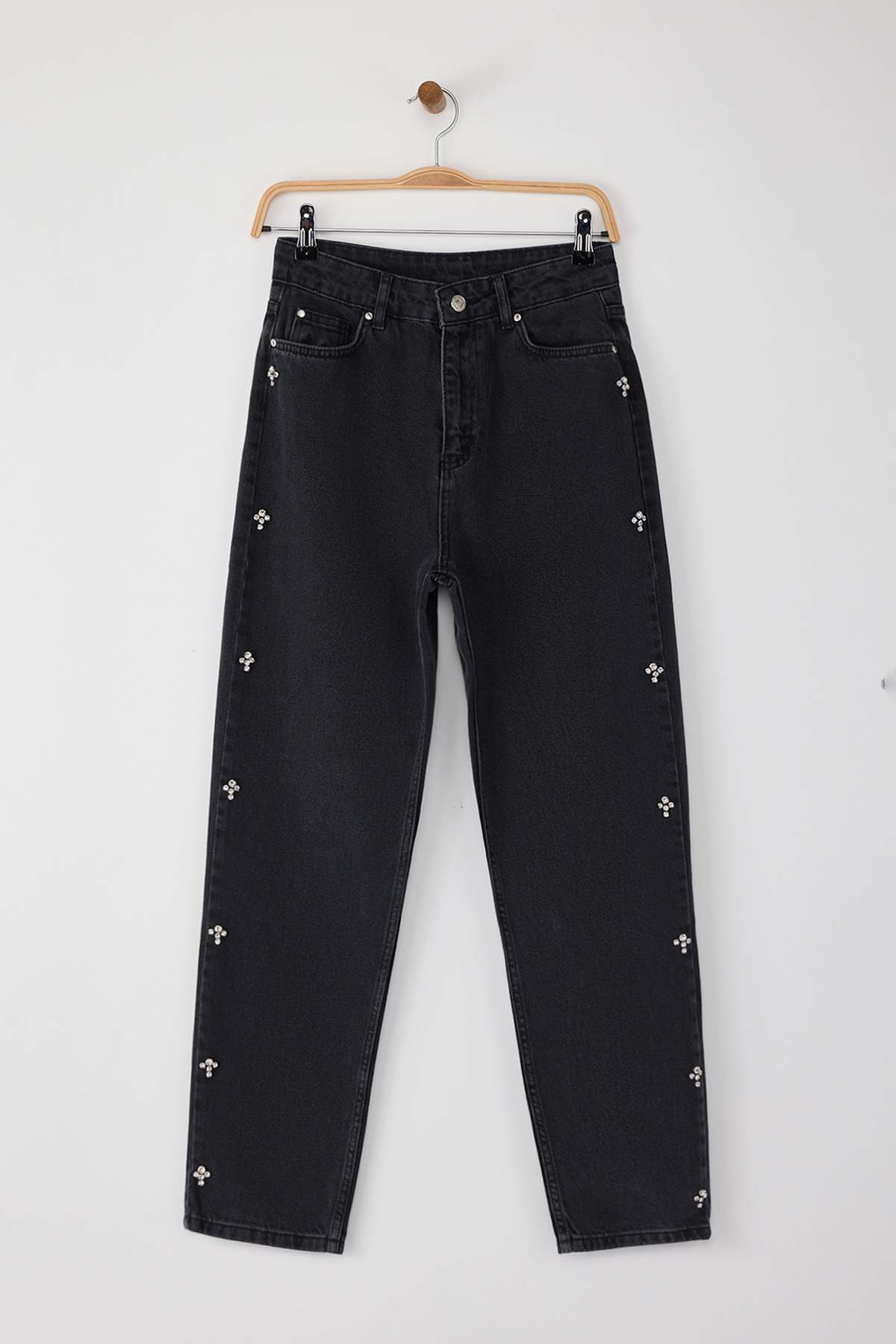 Siyah Taşlı Yüksek Bel Mom %100 Pamuk Non-Stretch Jeans TWOAW25JE00255