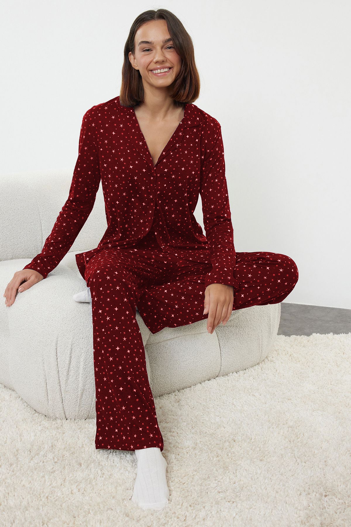 Trendyolmilla Lacivert %100 Pamuklu Galaksi Desenli Örme Pijama Takımı THMAW25PT00097
