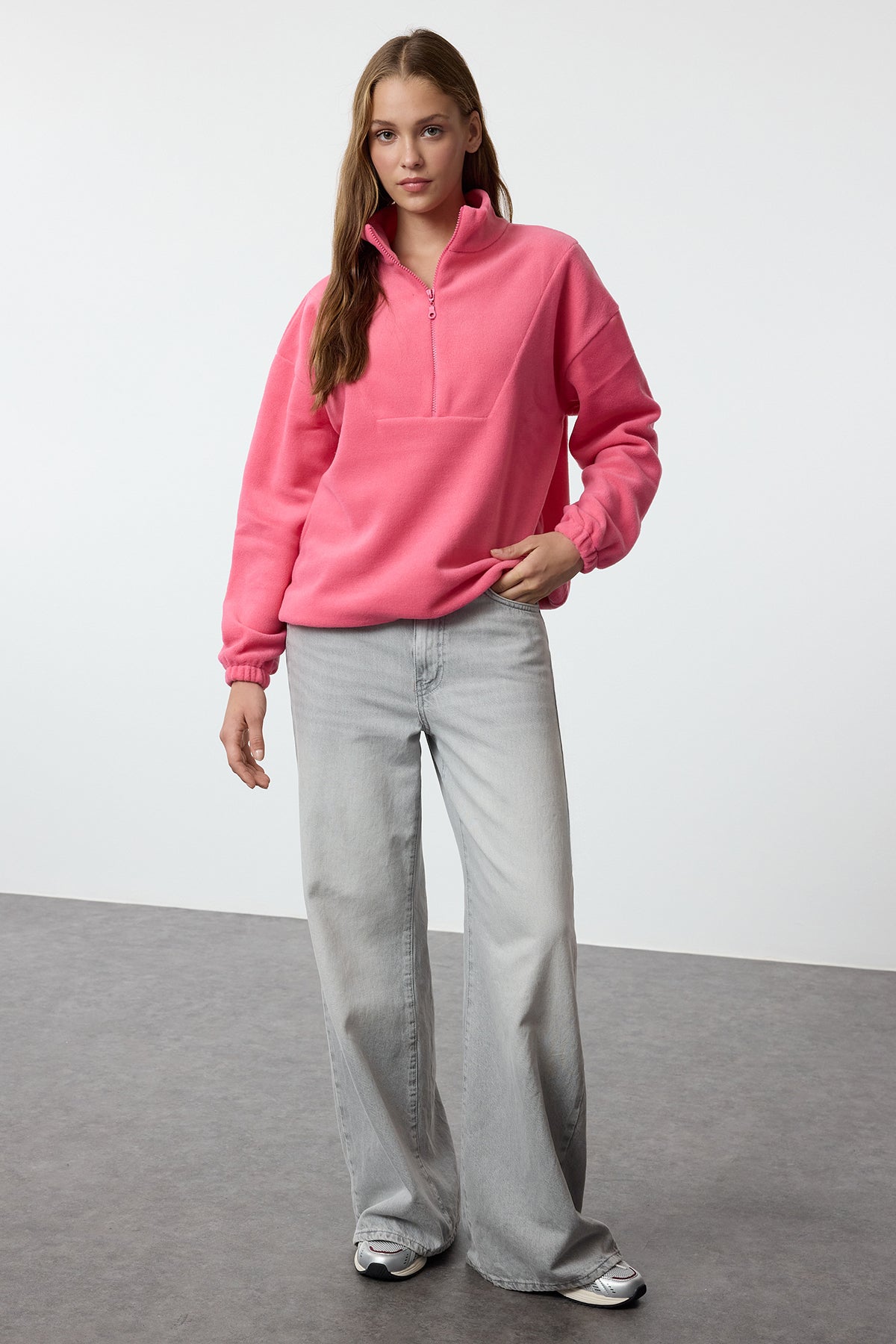 Trendyolmilla Açık Mavi  Fermuarlı Dik Yaka Polar Regular/Normal Kesim Örme Sweatshirt TWOAW21SW0758