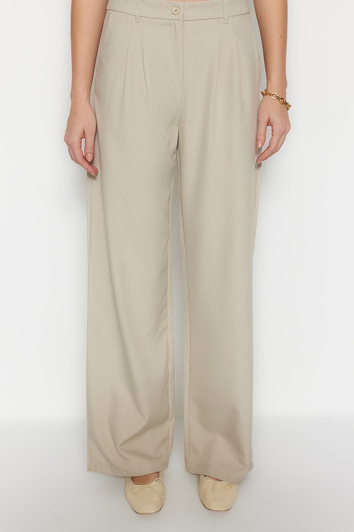 Trendyolmilla Vizon Wide Leg/Geniş Paça Pilili Dokuma Pantolon TWOAW22PL0475
