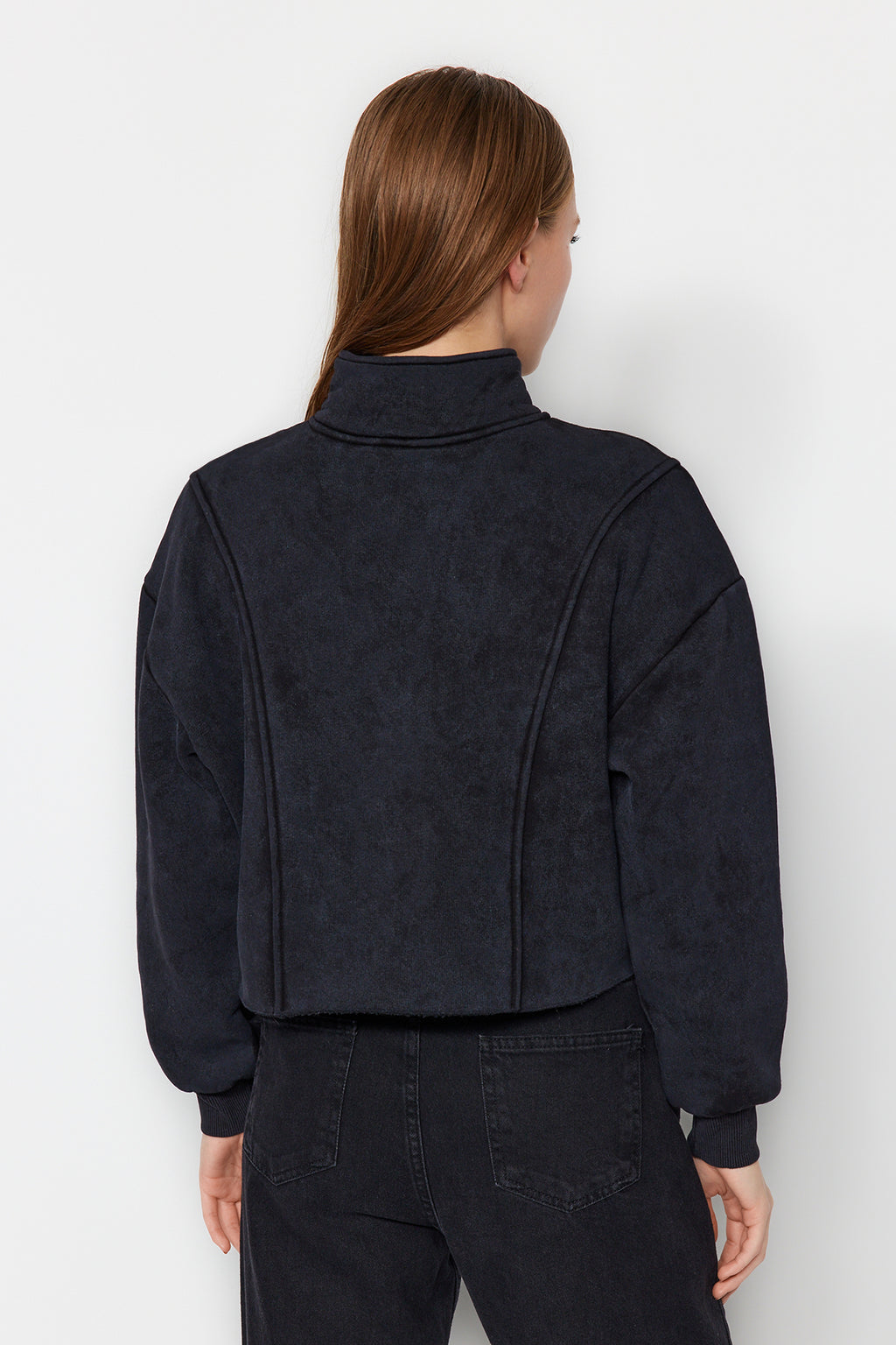 Antrasit Eskitme/Soluk Efektli Rahat Kesim Crop Kalın İçi Polarlı Örme Sweatshirt TWOAW24SW00243