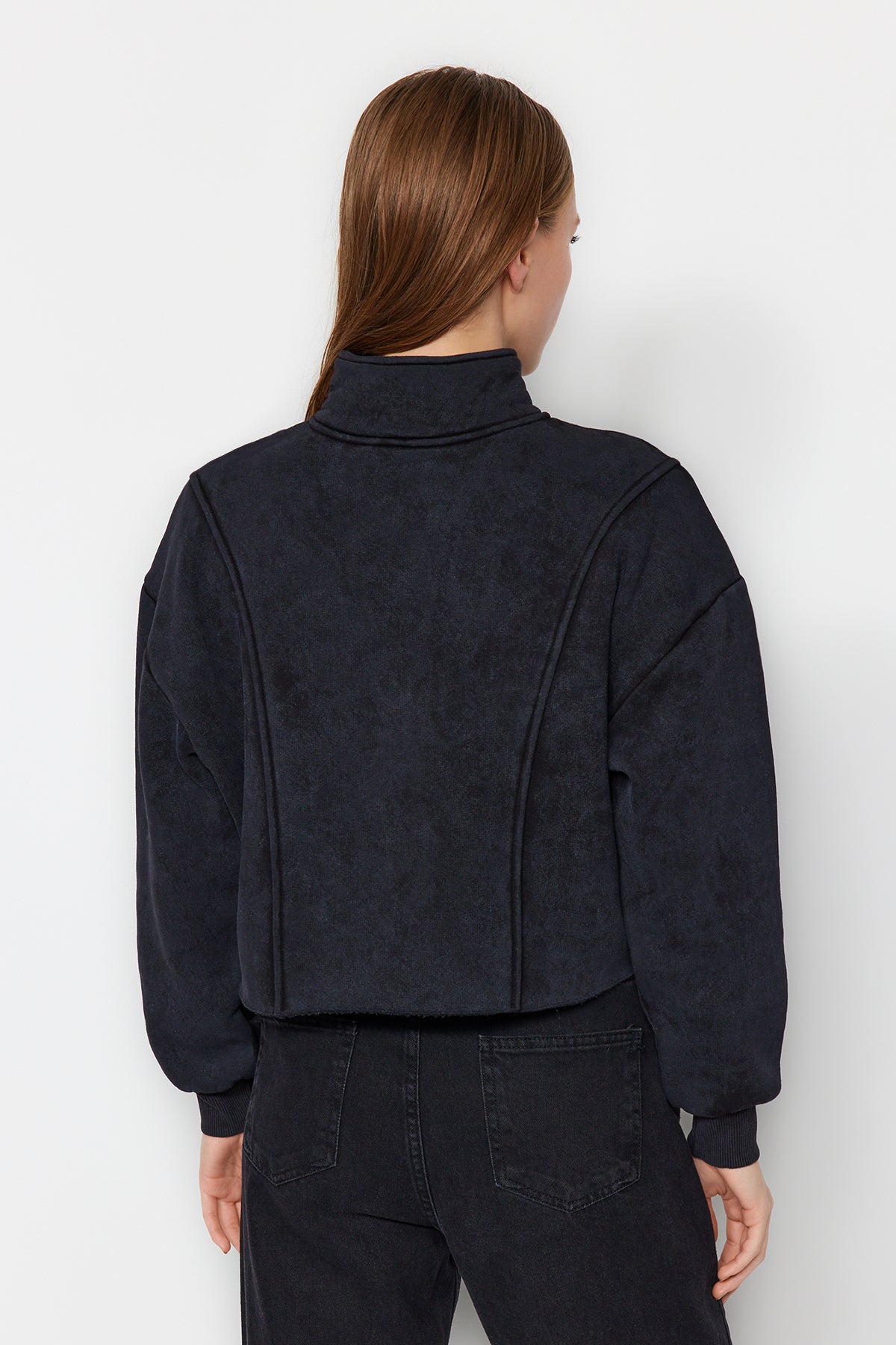 Antrasit Eskitme/Soluk Efektli Rahat Kesim Crop Kalın İçi Polarlı Örme Sweatshirt TWOAW24SW00243