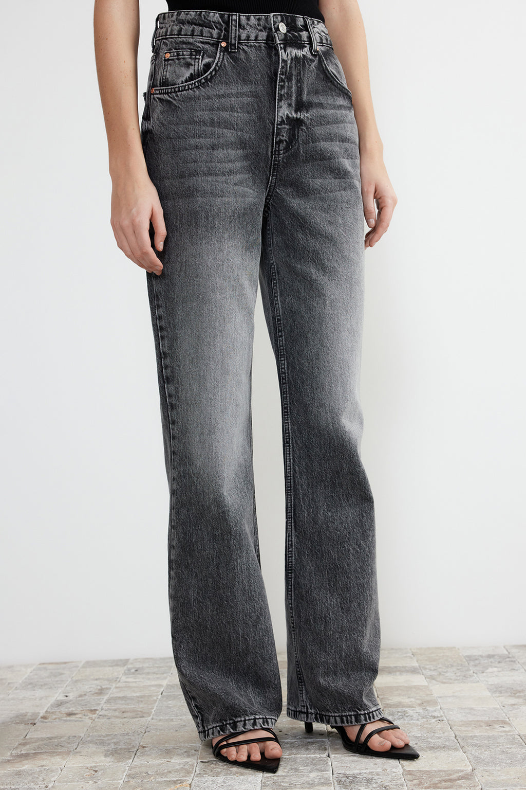 Gri More Sustainable Soluk Efekt Vintage Yüksek Bel Wide Leg Jeans TWOSS24JE00018
