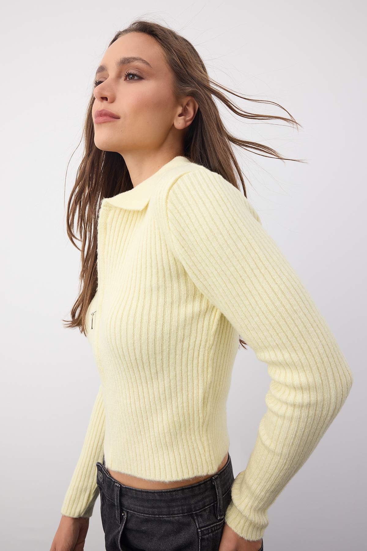 Trendyolmilla Wardrobe Essentials Gri Yumuşak Dokulu Fermuarlı Triko Hırka | TWOAW26HI00177