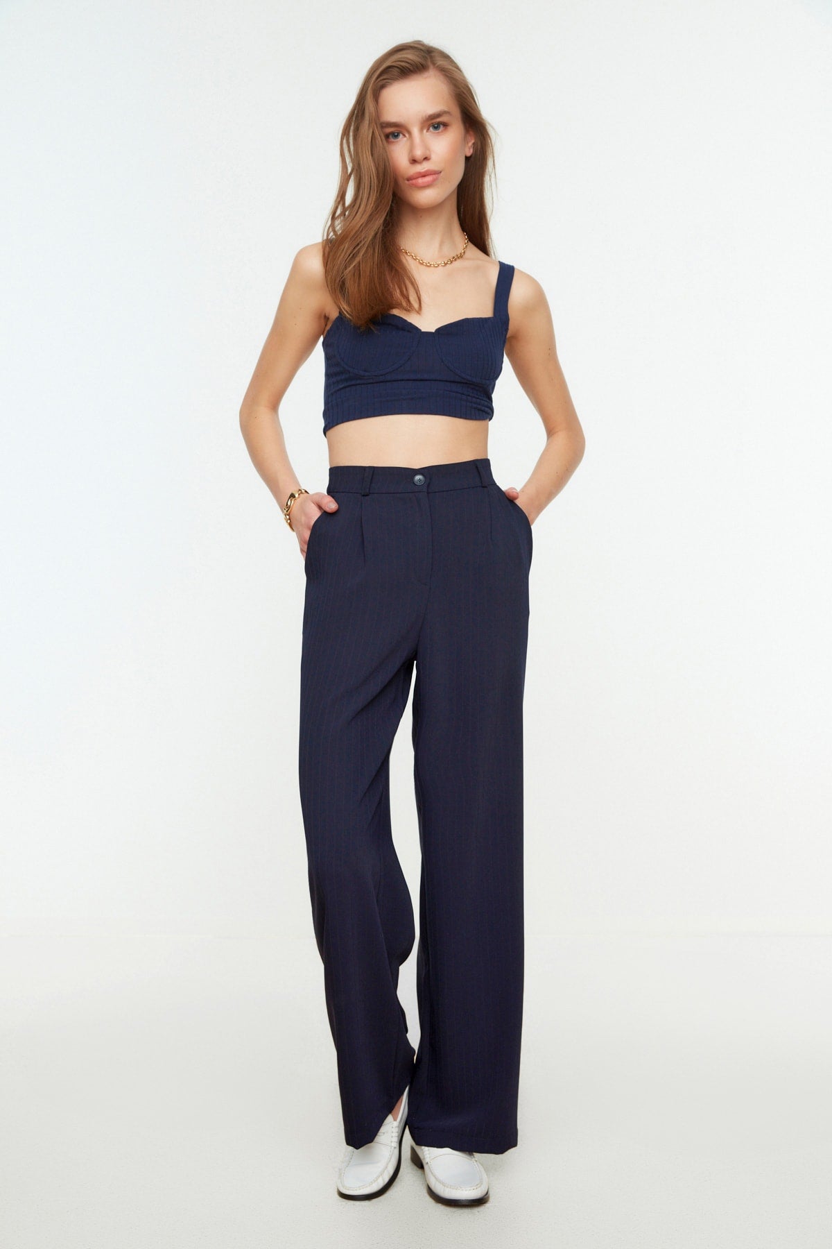 Lacivert Yüksek Bel Wide Leg/Geniş Paça Çizgili Dokuma Pantolon TWOSS22PL0100 Secondary image