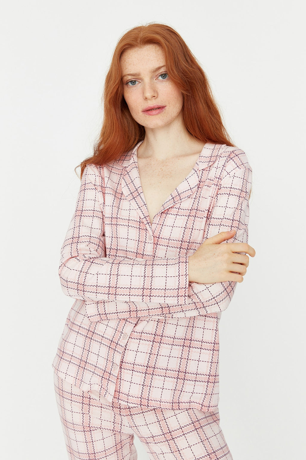 Trendyolmilla Gri %100 Pamuklu Ekoseli Örme Pijama Takımı THMAW20PT0266