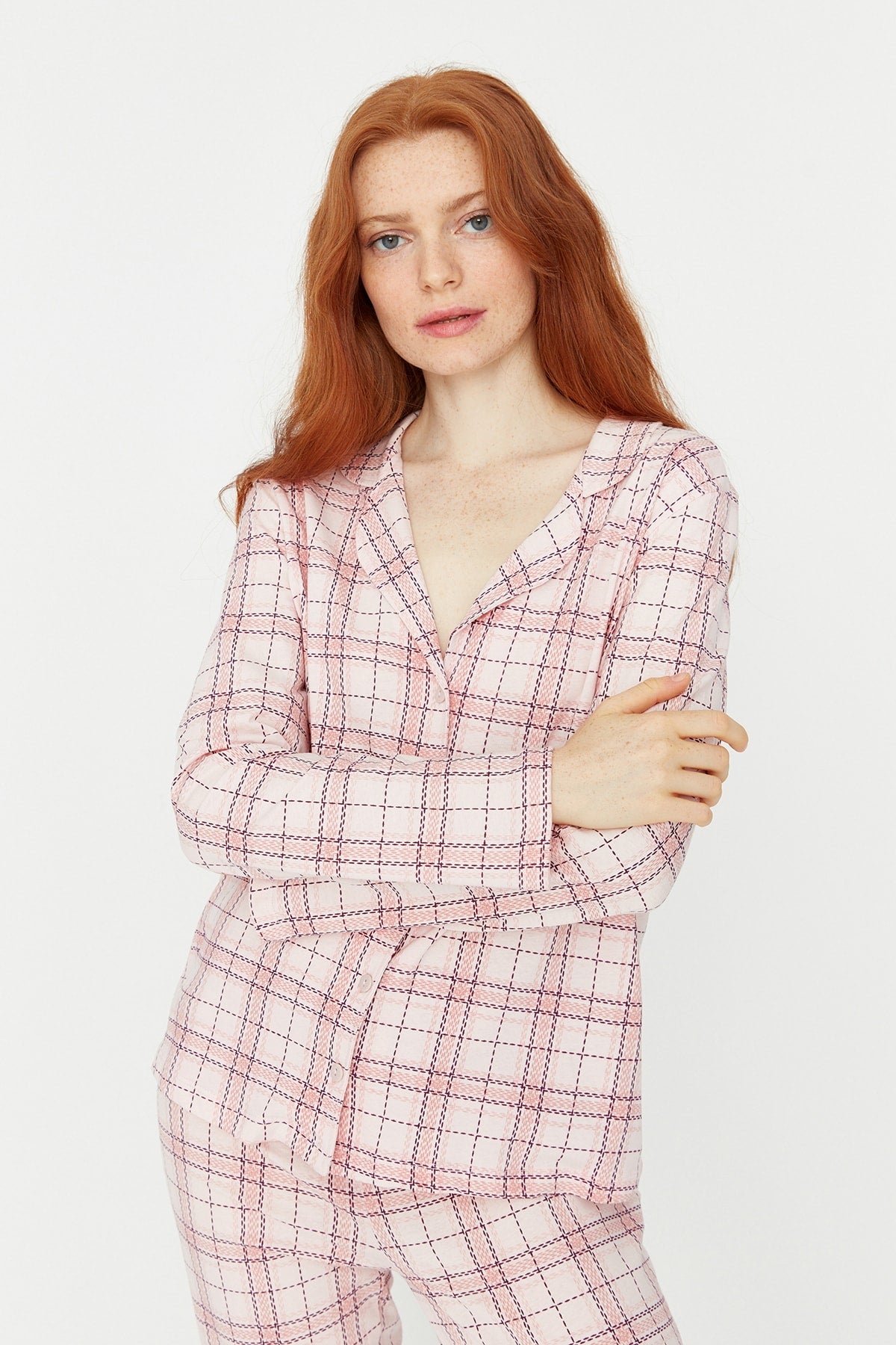 Trendyolmilla Bej %100 Pamuklu Ekoseli Örme Pijama Takımı THMAW20PT0266