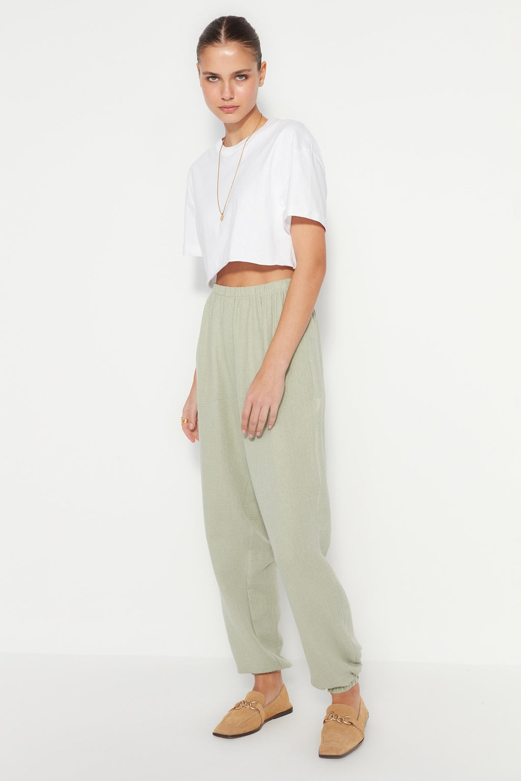 Haki Jogger Dokuma Muslin Dokuma Pantolon TWOSS23PL00148