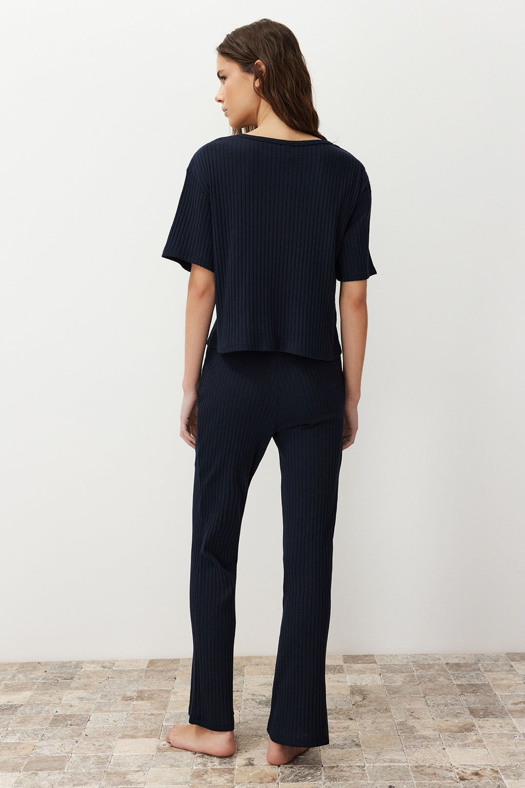 Lacivert Slogan Baskılı Lastik Detaylı Fitilli T-shirt-Pantolon Örme Pijama THMSS21PT1016