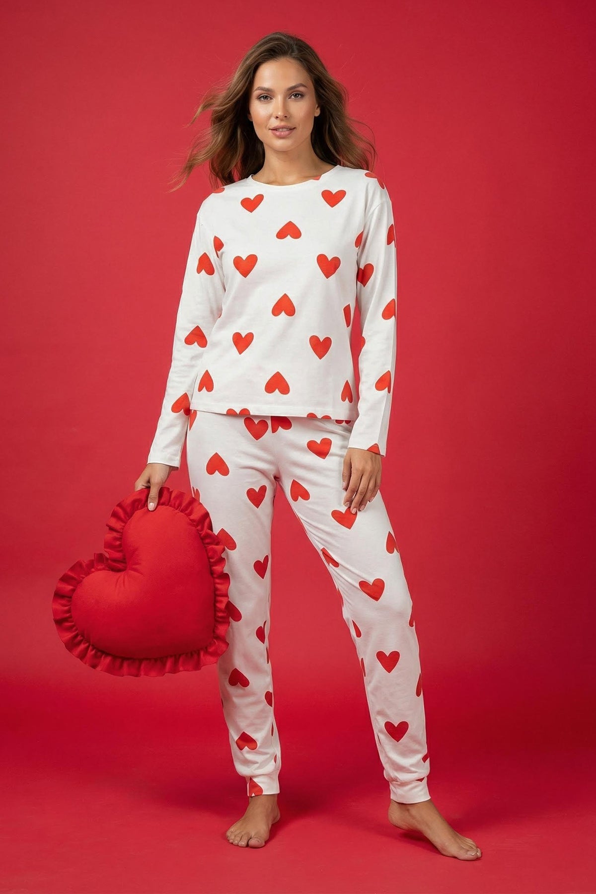 Trendyolmilla Kadın Mini Me/Anne Kız Pembe %100 Pamuklu Kalpli Örme Pijama Takımı THMAW21PT0566