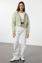 Trendyolmilla Açık Sarı Fermuarlı Kapüşonlu Rahat Kesim Crop Kalın İçi Polarlı Örme Sweatshirt TWOAW20SW0660