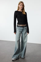 Trendyolmilla Bordo Fitted/Vücuda Oturan Dokulu Tül Esnek Örme Bluz TWOAW25BZ00207